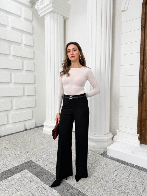 Siyah İnce Kemerli Bol Paça Pantolon 9150-Siyah