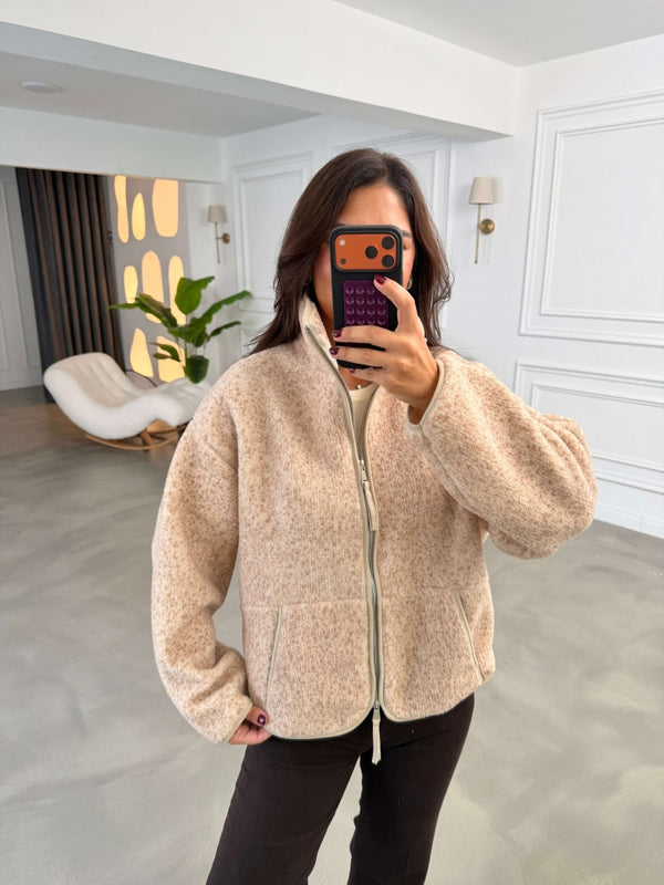 Bej Ön Fermuarlı Peluş Sweat 22889-Bej