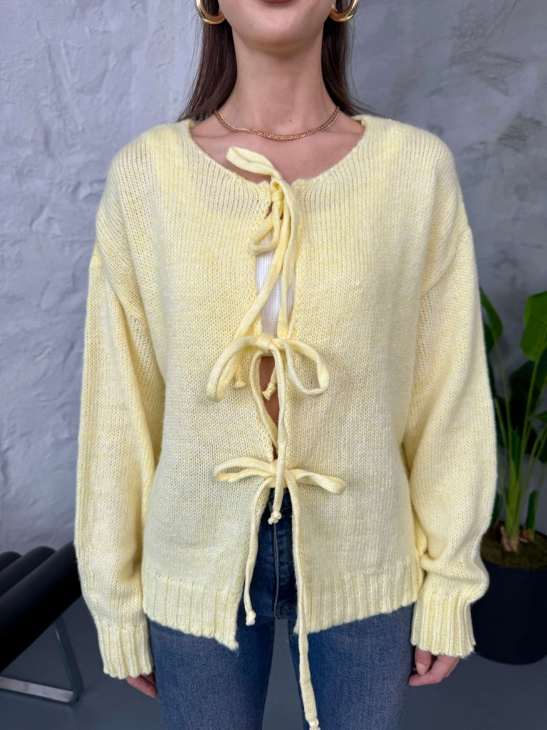 Sarı Önü Bağcıklı Örme Hırka EY2426-Sarı