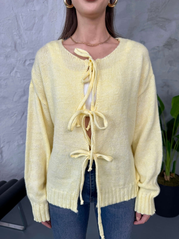 Sarı Önü Bağcıklı Örme Hırka EY2426-Sarı