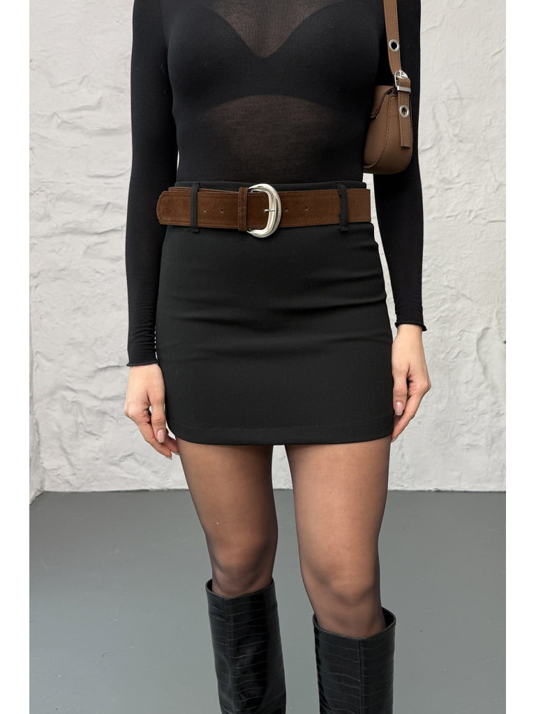 Siyah Süet Kemerli Mini Etek 251114-Siyah