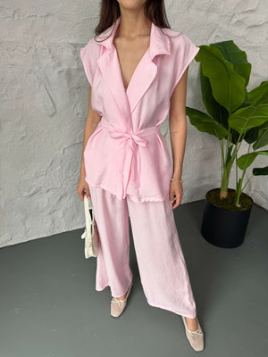 Pembe Tencel Yelek Pantolon Takım