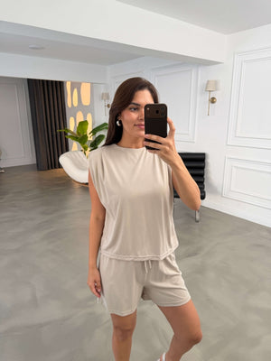 Bej Vatkalı Şortlu Takım 2494-Bej