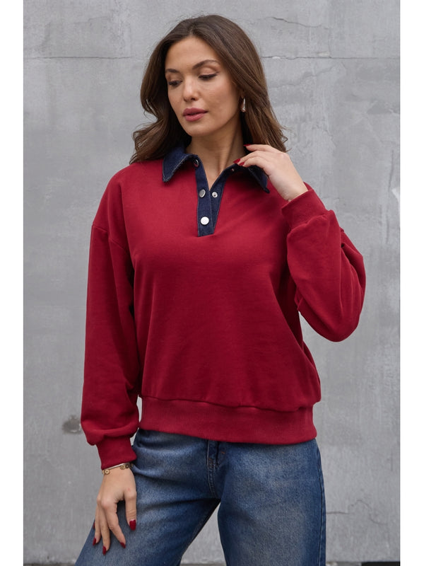 Bordo Denim Yaka Tasarım Sweat AK0178-BORDO