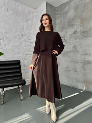 Kahve Bluzlu Elbise İkili Takım 7634-Kahve