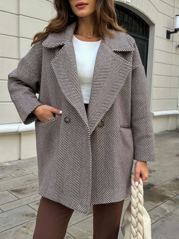 Kahve Balık Sırtı Oversize Astarlı Kısa Kaban 9252-KAHVE