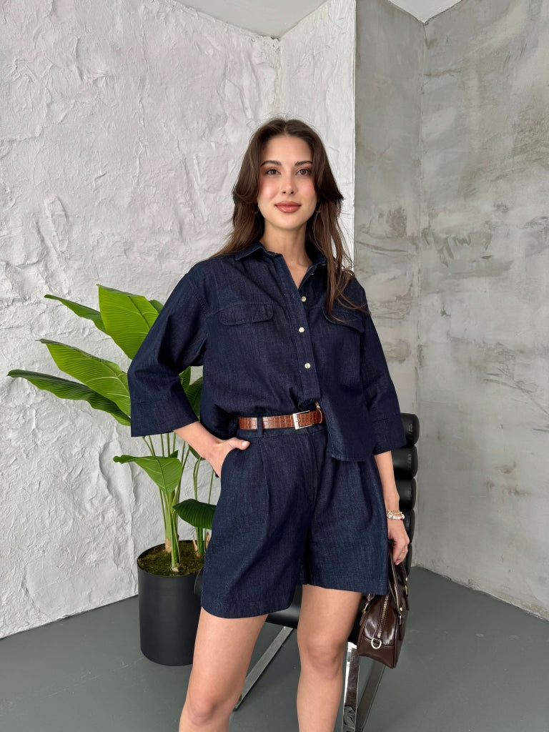 Premium İnce Denim Şort Gömlek Takım