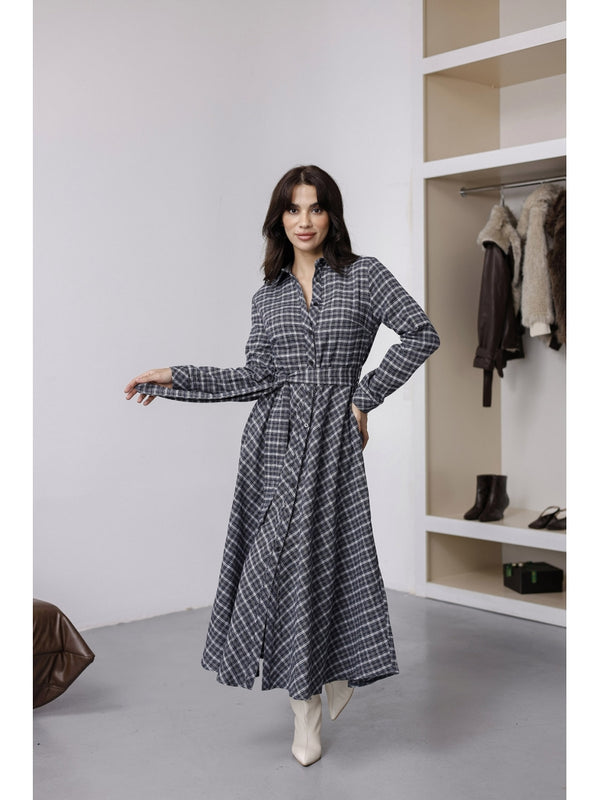 Lacivert Kuşaklı Ekose Elbise 8245-Lacivert