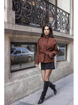 Kahve Dik Yaka Kısa Kaşe Kaban 70119-KAHVE