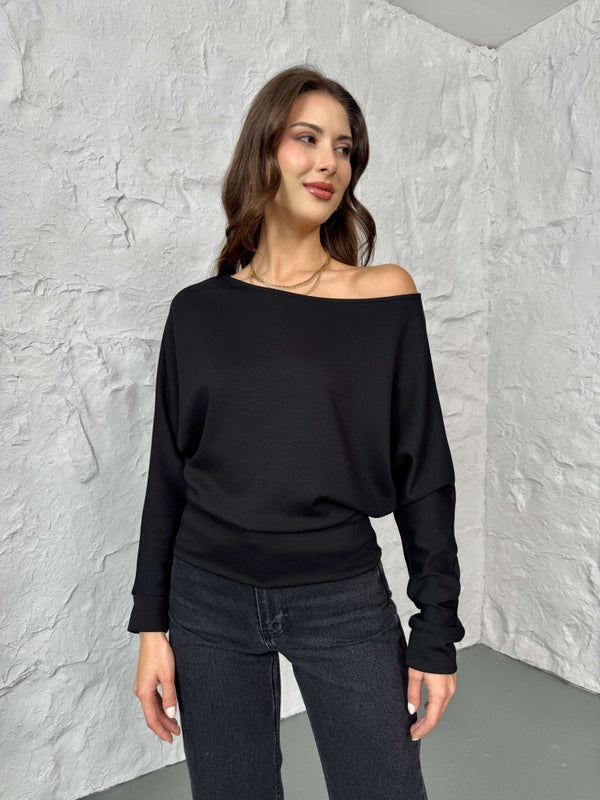Siyah Kayık Yaka Modal Bluz 2540-Siyah