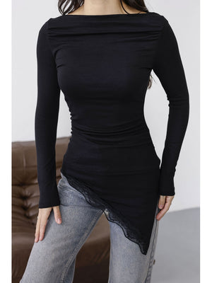 Siyah Eteği Dantel Detaylı Asimetrik Bluz 7505-Siyah