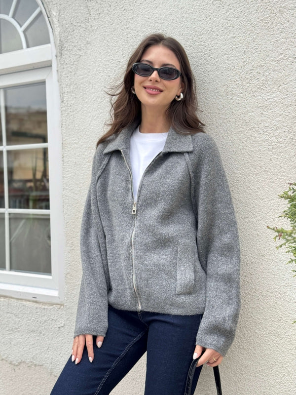 Gri  Polo Yaka Fermuarlı Hırka 2381-Gri