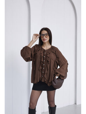 Kahve Katlı Volanlı Bluz 5025-Kahve