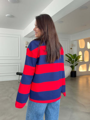 Kırmızı Çizgili NYC Baskılı Oversize Sweat 1132-Kırmızı