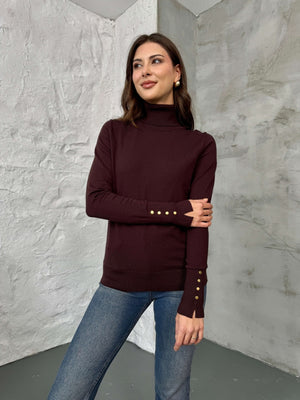 Kahverengi Balıkçı Yaka Gold Düğmeli Triko Bluz 2315-Kahverengi