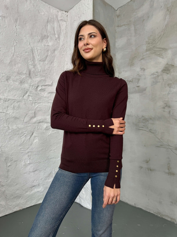 Kahverengi Balıkçı Yaka Gold Düğmeli Triko Bluz 2315-Kahverengi