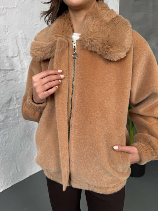 Premium Camel İİthal Kumaş Kürk Mont 70099-Camel