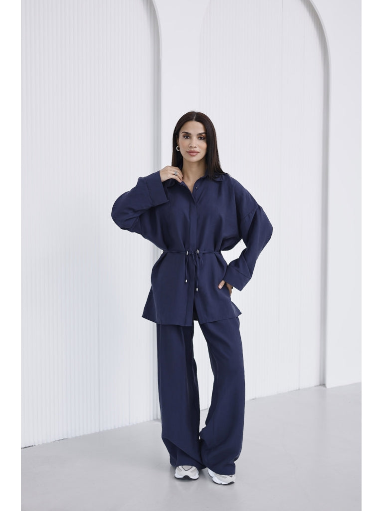 Lacivert Bel Bağlamalı Gömlek Takım 51281-Lacivert