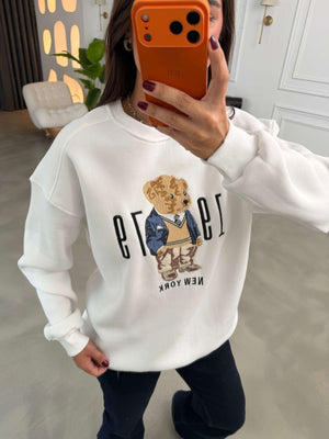Beyaz Teddy Nakışlı Sweat 10417-Beyaz