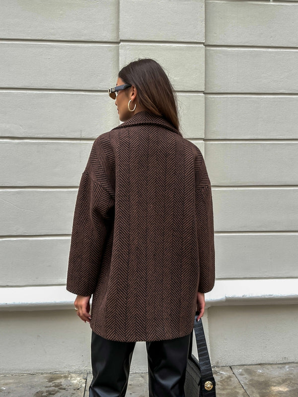 Acı Kahve Balık Sırtı Oversize Astarlı Kısa Kaban 9252-ACI KAHVE