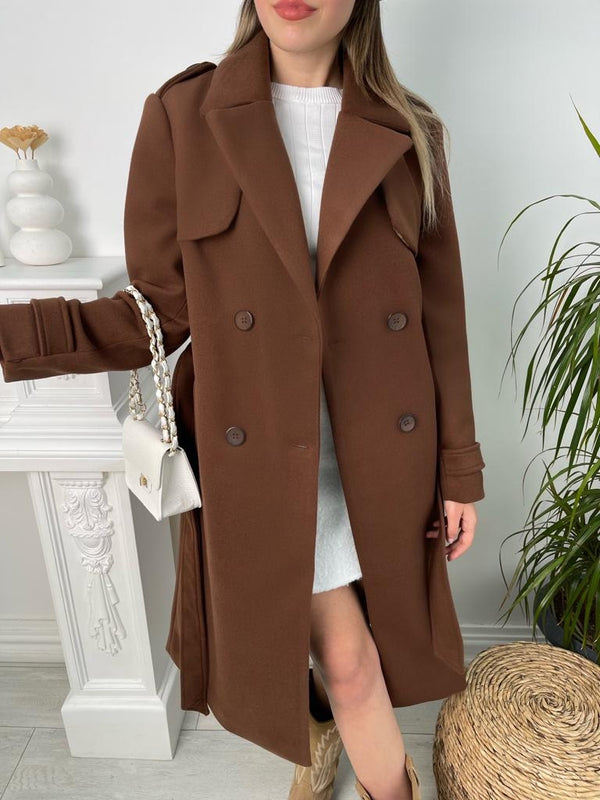 Kahve Omuzu Düğmeli Premium Kaban T-20013-Kahve