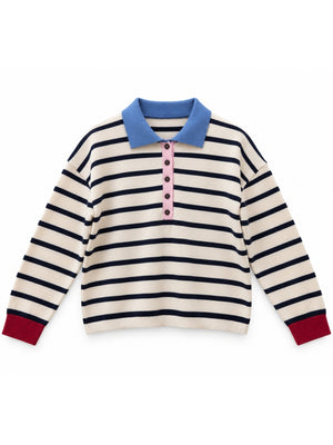 Krem Polo Yaka Çizgili Triko Kazak 2755-Krem