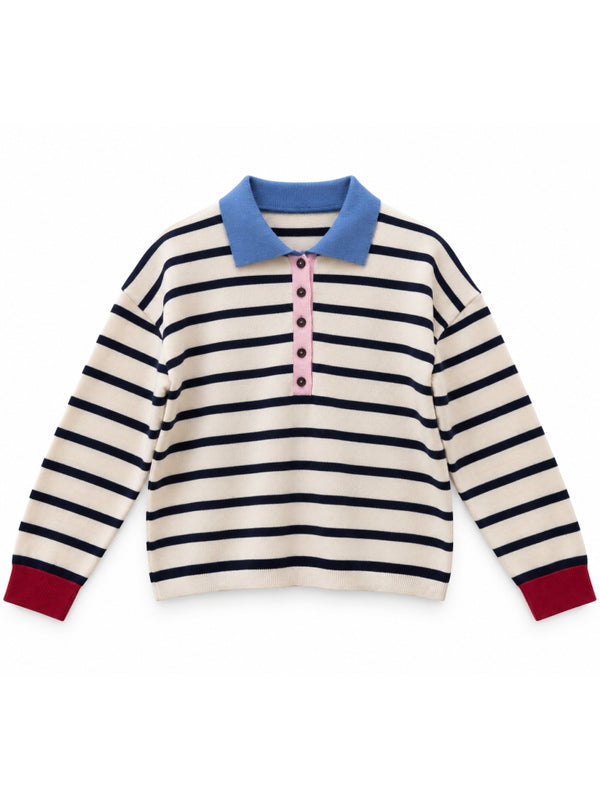 Krem Polo Yaka Çizgili Triko Kazak 2755-Krem