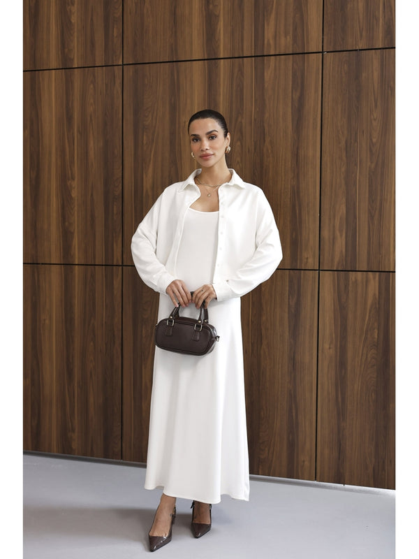 Beyaz Gömlek Elbise Modal Takım 4103-Beyaz
