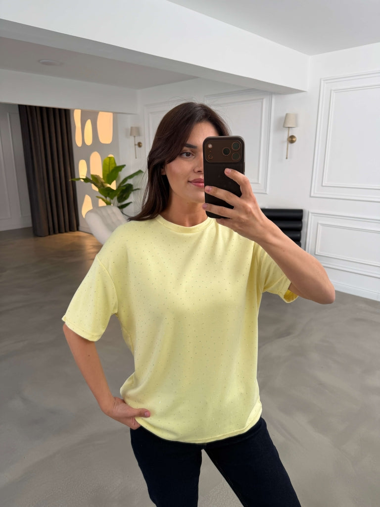 Sarı Taş Baskılı Tshirt 4236-Sarı