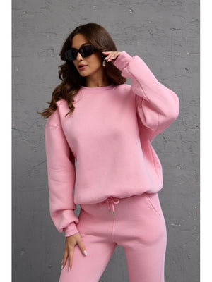 Pembe Bisiklet Yaka Üç İplik Şardonlu Sweat