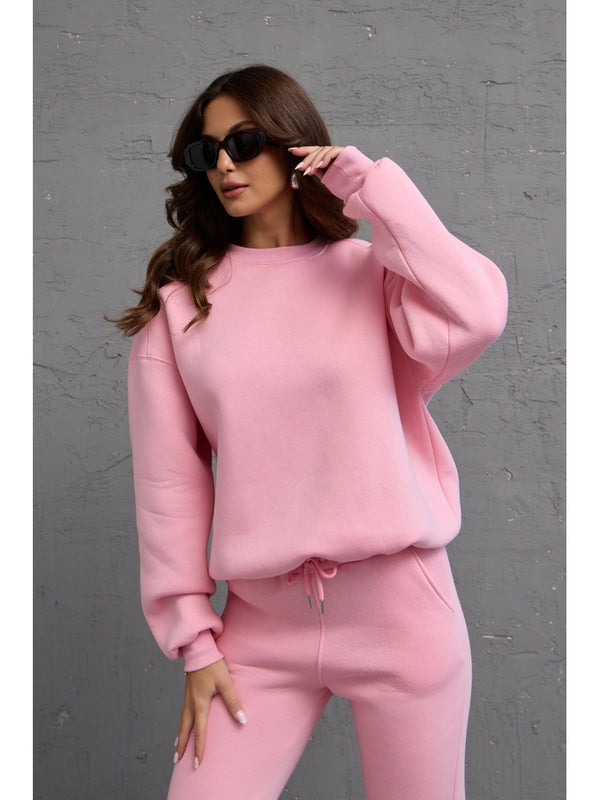 Pembe Bisiklet Yaka Üç İplik Şardonlu Sweat