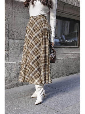 Haki Ekose Detaylı Şifon Etek 0613-Haki