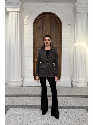 Vizon Çizgili Yün Karışımlı Kemerli Ceket 9634-Vizon