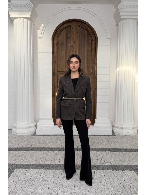 Vizon Çizgili Yün Karışımlı Kemerli Ceket 9634-Vizon