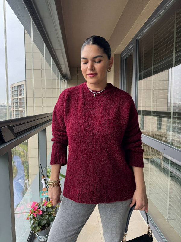 Bordo Yumoş Buklet Oversize Kazak