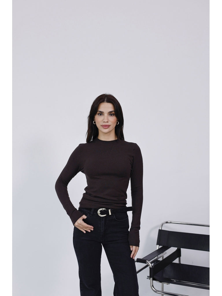 Dilvin Kahve Dik Yaka Kaşmir Bluz 10841-Kahverengi