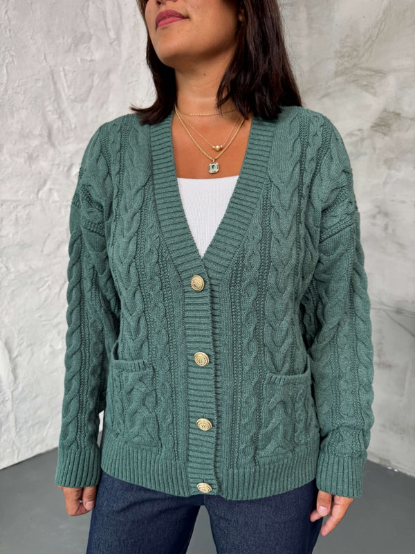 Petrol Yeşili Saç Örgülü Triko Hırka 2524-Petrol Yeşili