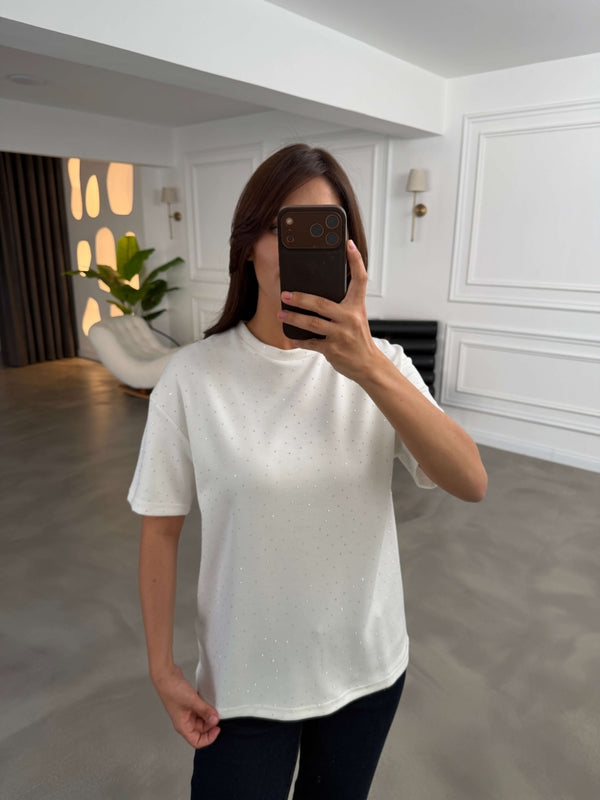Beyaz Taş Baskılı Tshirt 4236-Beyaz
