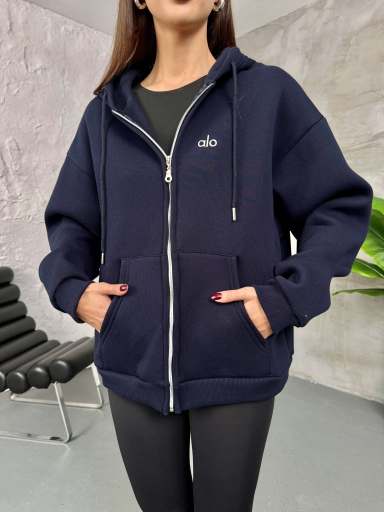 Lacivert Ön Fermuarlı Kapüşonlu Sweatshirt