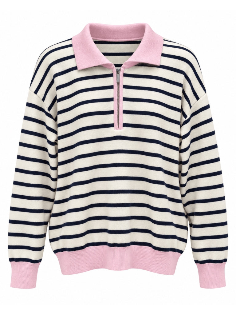 Pembe Çizgili Yarım Fermuarlı Triko M-2757-Pembe