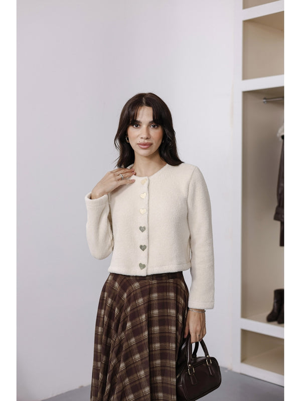 Ekru Kalp Düğmeli Yumoş Hırka 7562-Ekru