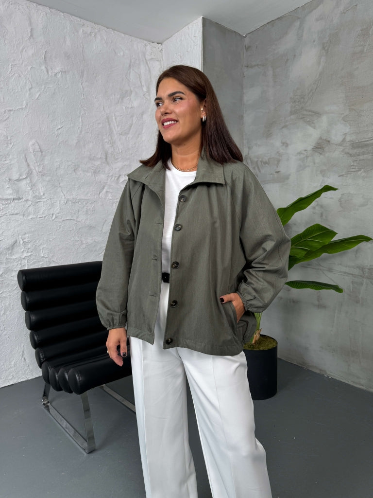Haki Oversize Dik Yaka Trenç