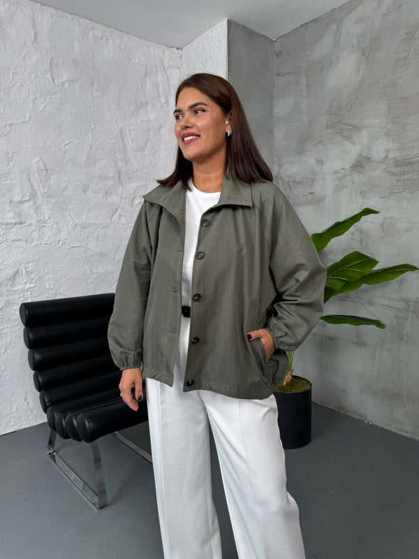 Haki Oversize Dik Yaka Trenç