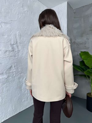 Taş Yakası Kürklü Premium Kaşe Kaban 70100-Taş