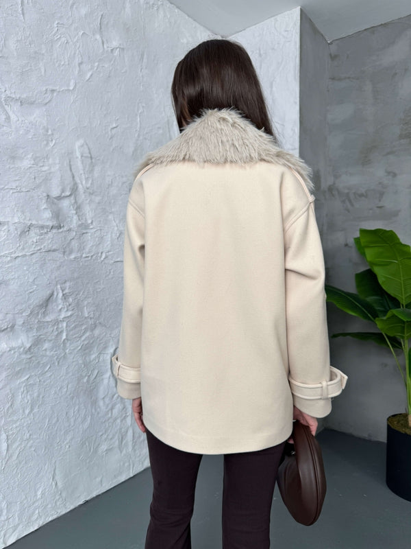 Taş Yakası Kürklü Premium Kaşe Kaban 70100-Taş