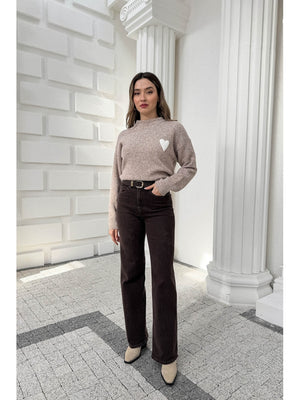 Kahverengi Yüksek Bel Straight Paça Kemerli Jean 700-Kahverengi