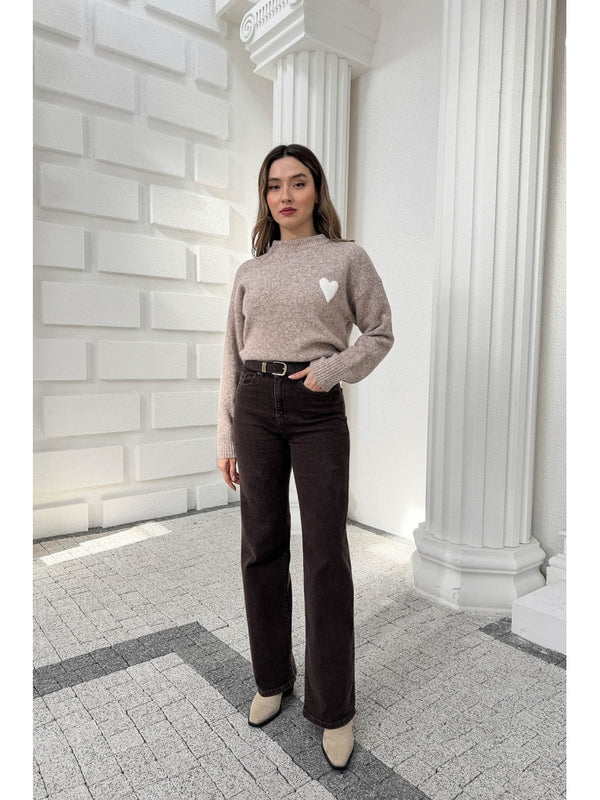 Kahverengi Yüksek Bel Straight Paça Kemerli Jean 700-Kahverengi