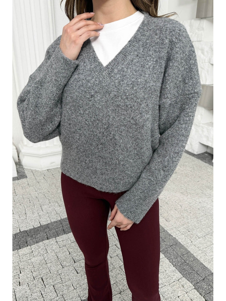 Dilvin Antrasit V Yaka Yumuşak Dokulu Kazak 10645-Antrasit