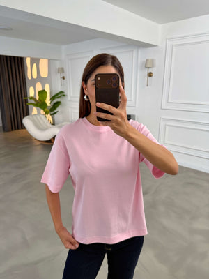 Pembe Bisiklet Yaka Basıc Tshirt 6597-Pembe