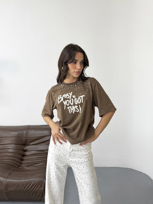 Kahverengi Taş İşleme Baskılı Tshirt 8139-Kahverengi